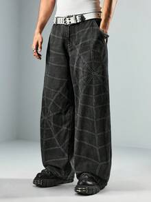 ROMWE MEN Street Life Men's Spider Web Digital Print Buckle Fly Denim Jeans - Black - View 5