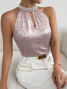 Selianne Sleeveless Stand Collar Hollow V-Neck Beaded Light Pink Tank Top - Baby Pink - View 1