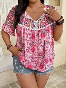 SHEIN LUNE Áo kiểu nữ cỡ lớn mùa hè phong cách Bohemian in hoa, tay bồng, thắt nơ phía trước. - Màu Hồng  Dưa hấu - Xem 1