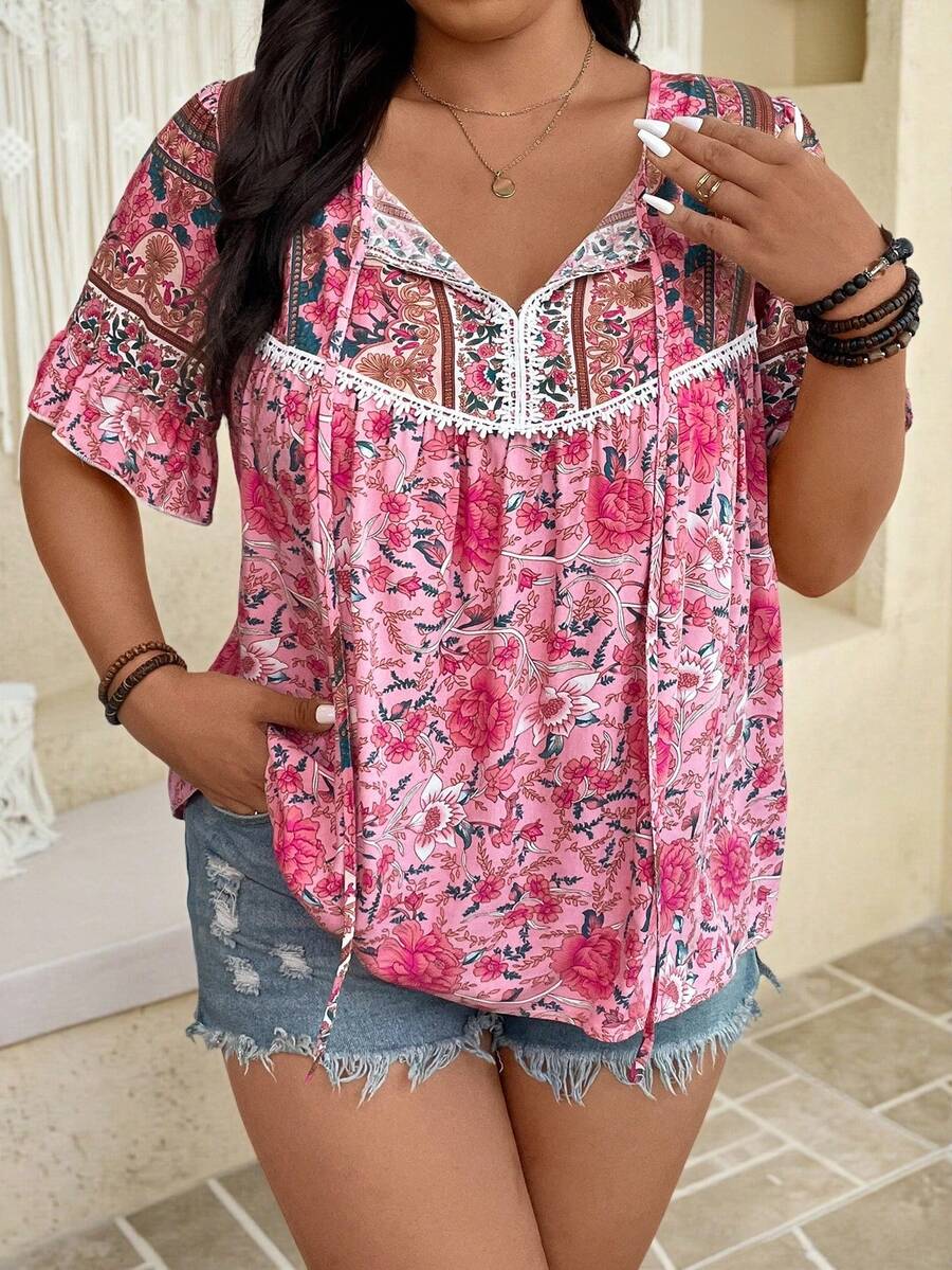 SHEIN LUNE Áo kiểu nữ cỡ lớn mùa hè phong cách Bohemian in hoa, tay bồng, thắt nơ phía trước. - Màu Hồng  Dưa hấu - Xem 1