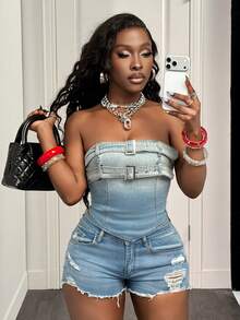 Slaydiva 女士时尚街头风水洗牛仔抹胸上衣，夏季必备 - 淺色水洗藍 - 查看 6