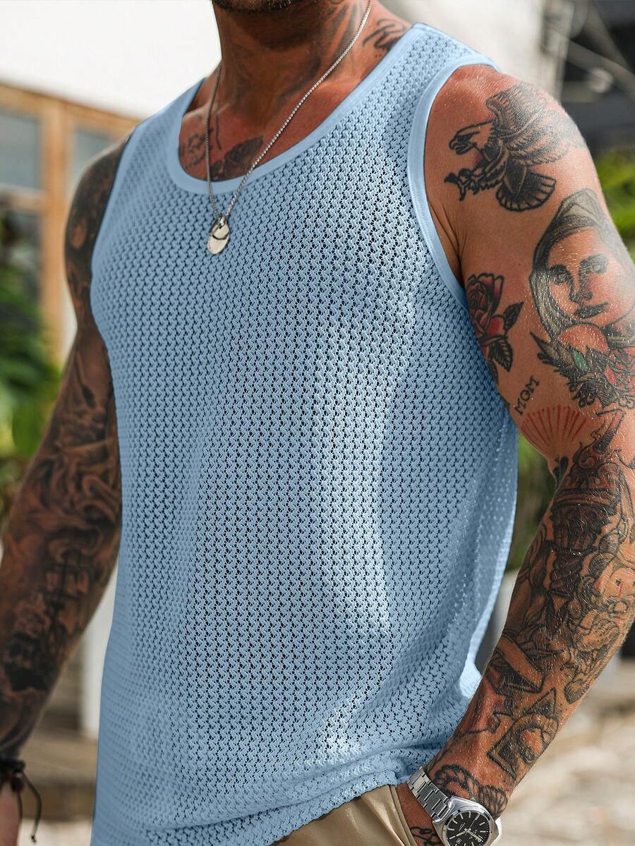 Manfinity Homme Men's Crew Neck Hollow Out Jacquard Casual Versatile Daily Wear Tank Top - Blue - View 1
