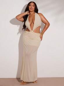 SHEIN BAE 大码女式深V领扭结褶皱露背吊带时尚度假连衣裙 - 杏色 - 查看 4