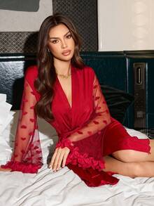 SHEIN 女士性感心形网纱袖系腰睡袍 - 紅色 - 查看 5