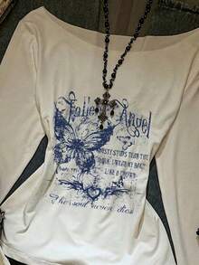 SHEIN EZwear Autumn New Oversized Scoop Neck Oblique Shoulder Ruffle Hem Printed Long Sleeve Sexy Asymmetric-Shoulder Pullover T-Shirt, Butterfly Print Pattern Long Sleeve Graphic Tshirt Women Long Sleeve Top Butterfly Graphic Tee Graphic Long Sleeve T-Shirt Vintage Graphic Long Sleeve - Multicolor - View 3