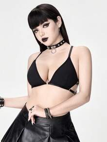 ROMWE Goth 女士纯色前扣舒适内衣 - 黑色 - 查看 4