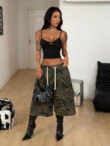 Coolane Women's Spring/Summer Carnival  Y2K Streetwear Daily Wear Casual Concert Outfit Stretchy Draped Collar Slim Fit Beaded Crop Tank Tops - Apricot - View 5