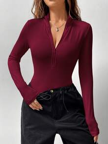Flirla 1pc Front Zipper Fitted Long Sleeve Bodysuit - Burgundy - View 4