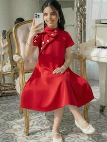 SHEIN Tween Girl Spring/Summer Casual Elegant One-Piece Beaded Bow Stand Collar Puff Short Sleeve Straight Dress Red Tween Girl - Red - View 4