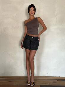 Aloruh Women's Fashion Street Style Rhinestone Embellished Mini Denim Skirt,Summer,Valentine's Day, - Black - View 7