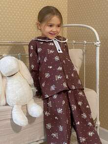 DAZY 女童碎花领长袖上衣和裤子睡衣套装 - 棕色 - 查看 3