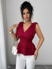 Elenzga 新款女士V领蝴蝶结系带纯色纹理编织面料多层荷叶边优雅精致年轻百搭修身女式衬衫 - 酒紅色 - 查看 7