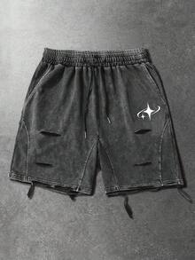ROMWE MEN Men's Casual Distressed Snow Flake Print Shorts - Black - View 8