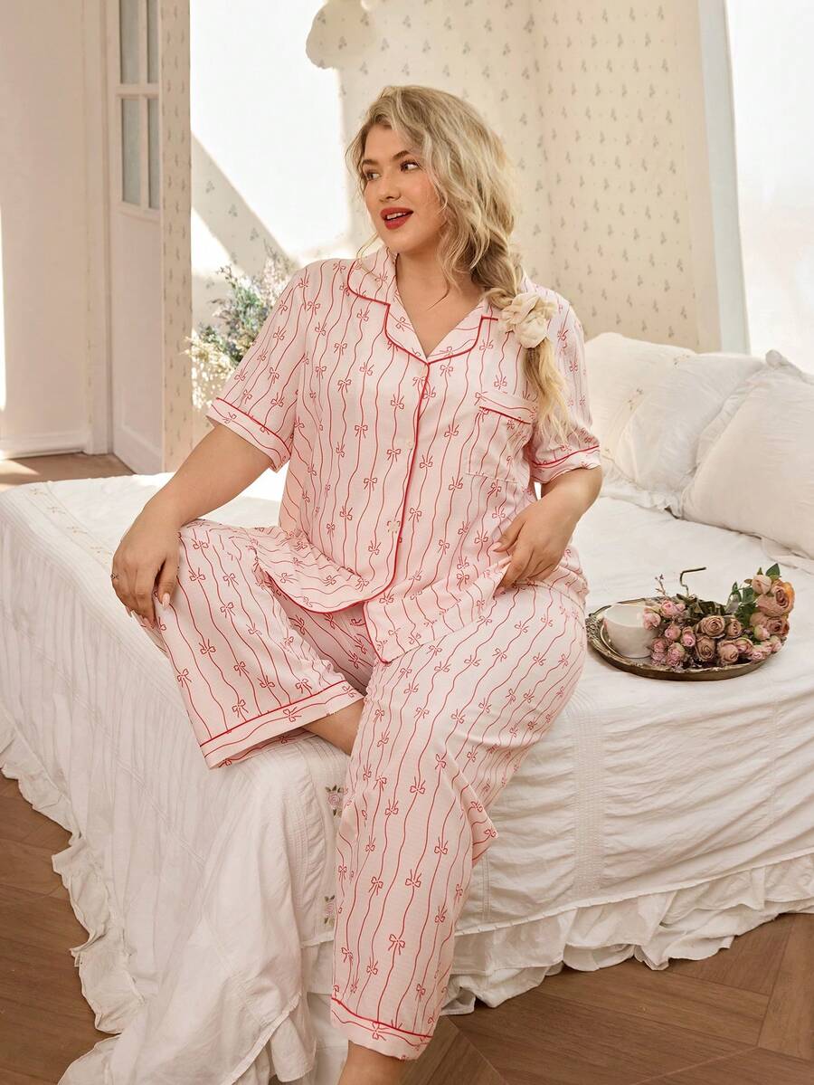 CottageSlumber 泡泡褶皱印花翻领开衫短袖睡衣套装，加大码 - 粉色 - 查看 1