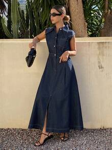 Livesso 女士无袖翻领收腰纯色牛仔连衣裙 - 藍色 - 查看 6