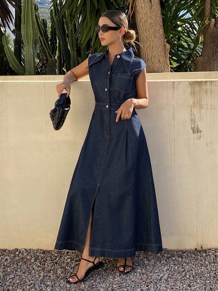 denim summer dress 2026 Long Sleeve for Women Button Up Collar Shirt Jean Dress with Pockets Loose Comfy Stretch Denim Tops (M, Dark Blue) An easy fit with an A Beautiful short Denim summer dress