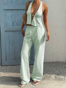 Sunnyshic Set de 2 piezas con top halter con escote en V profundo y espalda descubierta a rayas, y pantalones de pierna ancha con cordón en la cintura, de algodón, casual, versátil, adecuado para uso diario, vacaciones, primavera/verano - Verde - Ver 7