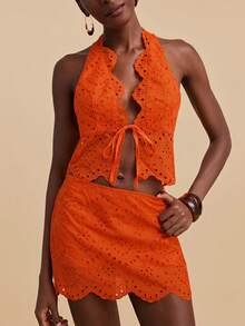 Travachic Women's Halter Neck Embroidered Tie-Front Crop Top And Mini Skirt 2-Piece Set, Fashionable For Dates And Parties - Orange - View 5