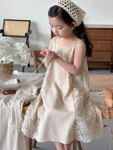 DAZY Áo ngủ maxi hai dây phối ren thêu lưới kiểu dáng nghỉ mát cho bé gái. - Màu be - Xem 1