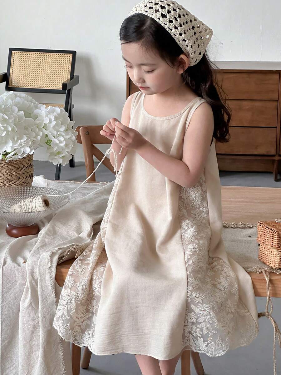 DAZY Áo ngủ maxi hai dây phối ren thêu lưới kiểu dáng nghỉ mát cho bé gái. - Màu be - Xem 1