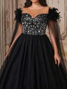 Aureia Váy hở vai tay loe viền chữ A đính lông vũ và lưới thêu màu xanh lam sang trọng cỡ lớn, thích hợp cho tiệc tối, hẹn hò, vũ hội, đám cưới, dịp trang trọng - màu đen - Xem 12