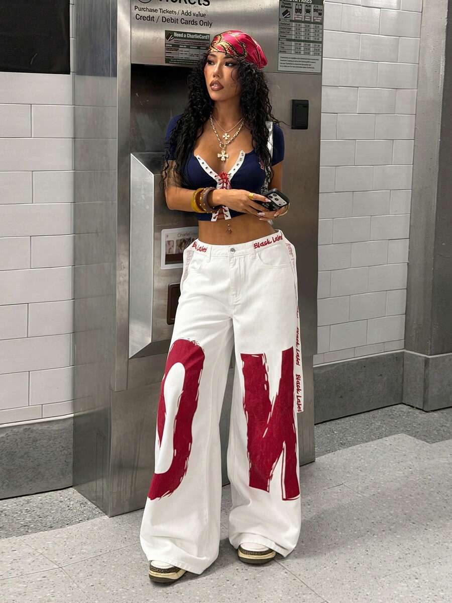 StreetHx Women's Letter Print Pocket Wide Leg Loose Casual Jeans - White - View 1