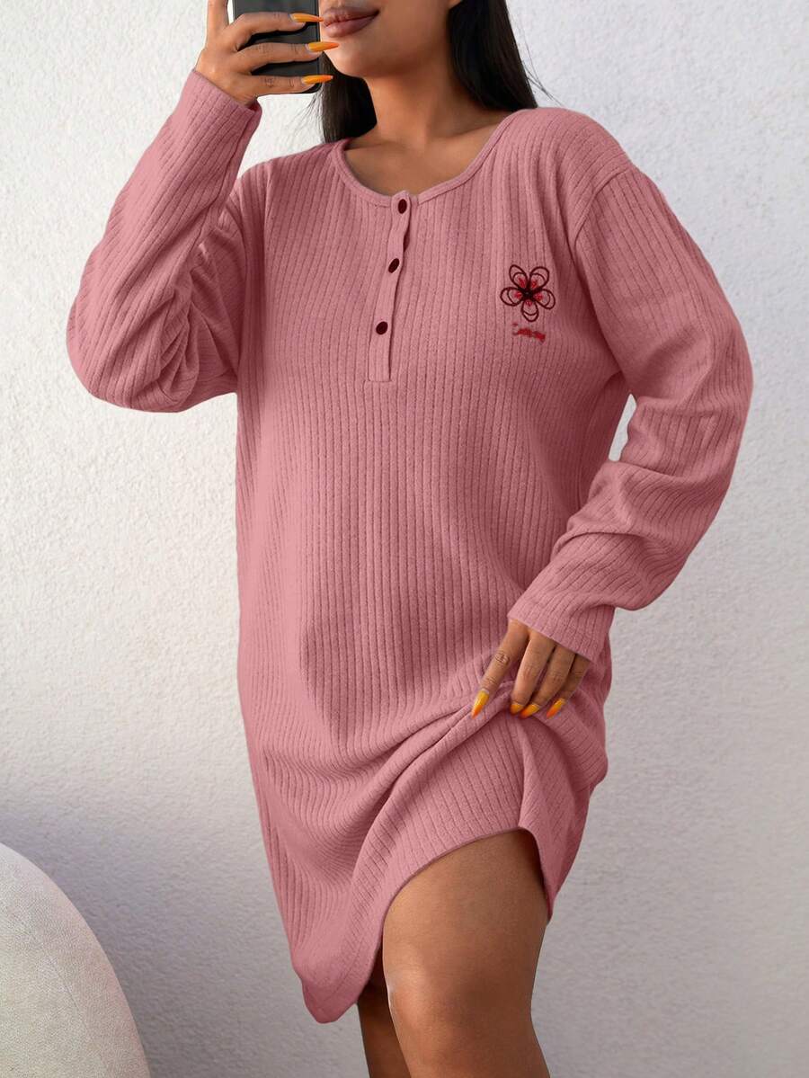 SHEIN Cottnline 100%Cotton Plus Letter Embroidery Half Button Nightdress - Dusty Pink - View 1