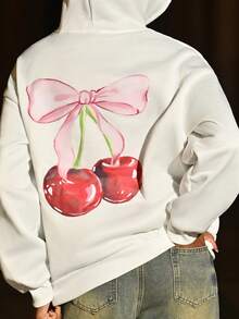 Mima John 女士休闲简约蝴蝶结和樱桃印花宽松连帽厚款运动衫 - 白色 - 查看 6