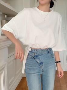 DAZY Camiseta de hombros caídos con cordón en el bajo, estilo preppy - Blanco - Ver 5