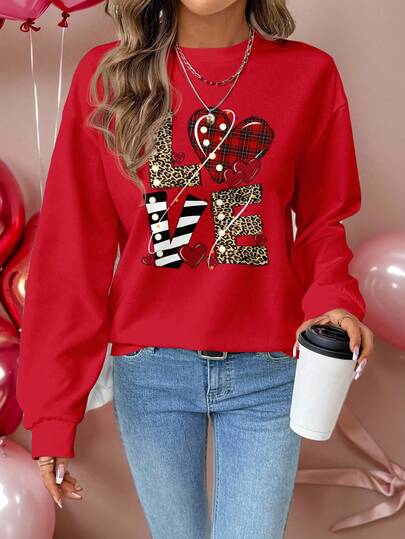 SHEIN LUNE Casual Minimalist Love Print Round Neck Loose Fit Thick Sweatshirt For Women