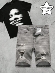 SHEIN 青少年男童时尚休闲Y2K镂空破洞磨边设计白色牛仔破洞修身短裤，适合青少年男童日常穿着，柔软舒适，是青少年男童春夏新款SS26时尚单品。 - 灰色 - 查看 7