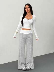 SHEIN PETITE Trang phục mùa hè và phong cách đường phố mùa hè dành cho nữ, đi chơi, thường ngày, đi học, phong cách vintage, quần dài trắng ống loe màu xám Pháp, kiểu dáng Y2K, quần áo Y2K, trang phục nghỉ hè. - Xám - Xem 4