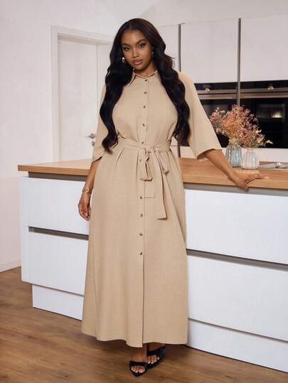 Veslaya 2026春夏大码女装音乐节、复活节、西部风情、游牧风、生日派对、毕业典礼、大学、学生、休闲、度假、邮轮、海滩、日光浴、潮流、街头风、婚礼宾客、通勤、早午餐、机场、派对、活动、优雅宴会、舞会、休闲、精致、婚礼季卡其色束腰短袖衬衫裙