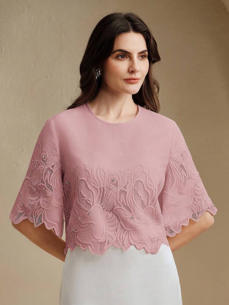 エレガントなヴィンテージ風 レース刺繍シアー ラウンドネック 半袖 ラインストーン装飾 レディーストップス、春夏
