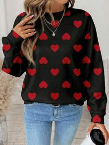 SHEIN LUNE Casual Vintage Elegant Commute Versatile Warm Valentine's Day Couple Outfit Red & White Small Heart Print Pattern, Comfortable Loose Fit Crew Neck Long Sleeve Sweatshirt For Women, Suitable For Autumn/Winter - Multicolor - View 4