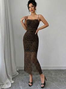 Firerie 女士豹纹蕾丝拼布中长修身连衣裙，弹力面料，露背，浪漫性感连衣裙，适合日常、工作、度假、派对、约会 - 棕色 - 查看 4