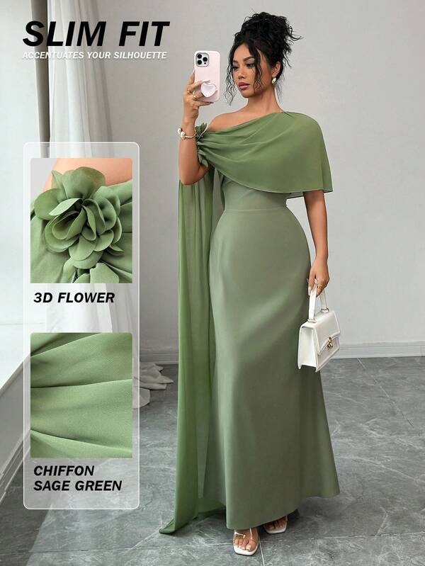 Rafferiza 女士长款雪纺拼接裹身3D立体花卉连衣裙