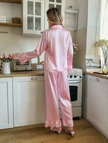 SHEIN Women's Ruffled Collar Patchwork Satin Bow Embroidered Pocket Long Sleeve Pajama Set - Pink - View 2