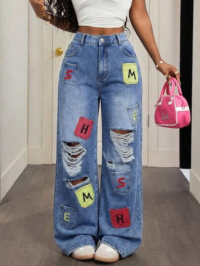 Slaydiva Plus Size Women Pockets Button Letter Patch Distressed Casual Versatile Daily Wear Wide Leg Jeans