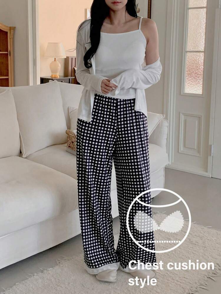 3pcs Jacquard Knit Cardigan, Camisole & Plaid Pajama Pants Set For Women