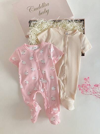 2pcs/Set Newborn Cute Sheep Print Short Sleeve Long Leg Romper Jumpsuit, Apricot & Pink, Stylish & Fashionable Home Outfit