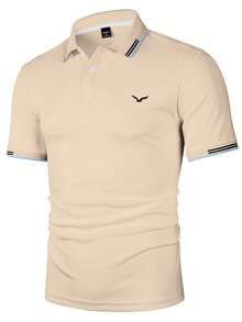 Manfinity Mode 男士夏季休闲条纹拼接短袖 Polo 衫 男士 Polo 衫套装 男士 Polo 衫 男士 Polo 衫 领子 - 杏色 - 查看 4