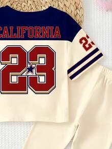 SHEIN 女婴字母数字印花圆领短袖T恤和打底裤休闲套装，适合春夏运动、休闲、上学、街头、派对、日常、度假等场合。 - 彩色 - 查看 5