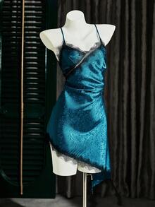 SHEIN 1pc Women's Sexy V-Neck Camisole Nightgown, Leopard Jacquard Satin Blue Asymmetrical Hem Lace Trim Mini Slip Dress, All Season - Teal Blue - View 6
