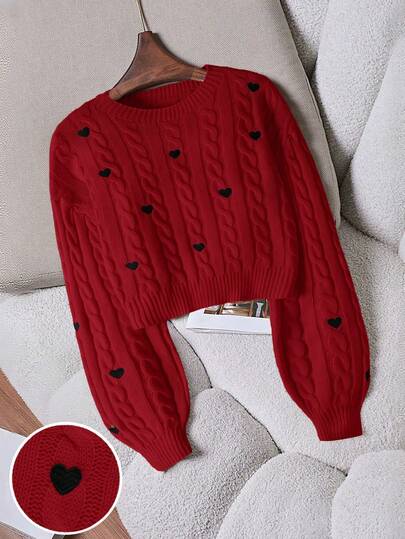 SHEIN Franclia Suéter holgado de moda casual para mujer con bordado de corazón, diseño versátil y minimalista, adecuado para otoño/invierno