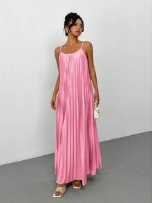 Rafferiza 女士纯色褶皱优雅连衣裙，适合度假 - 粉色 - 查看 4