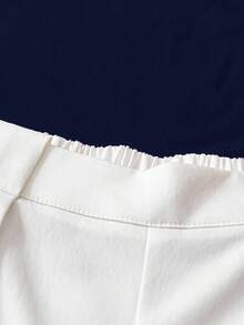 EMERY ROSE Casual Chic Commuting High Elasticity Solid Brown Pleated Shoulder Top And White Elastic Waist Pants Set - Navy Blue - View 5