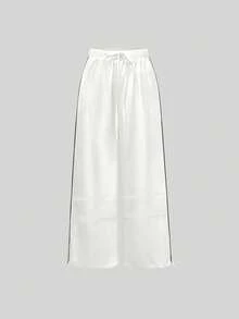 INAWLY Women's Summer Black And White Checkered Streetwear Date Wide Leg Pants,Elastic Waist Contrast Rib Trim Lantern Pants With Drawstring Hem,Pocket - White - View 3