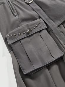 ROMWE Grunge Punk Váy ngắn denim chiffon phối họa tiết đinh tán kim loại màu xanh hải quân kiểu punk, vạt bất đối xứng. - Xám - Xem 11