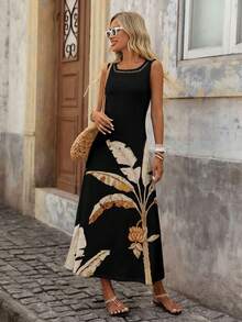 Brillora Đầm phong cách tối giản, thanh lịch, lãng mạn, cổ điển màu đen và vàng với họa tiết cây cọ và hoa, thích hợp cho đi biển, kỳ nghỉ, dã ngoại mùa hè. - Nhiều màu - Xem 4